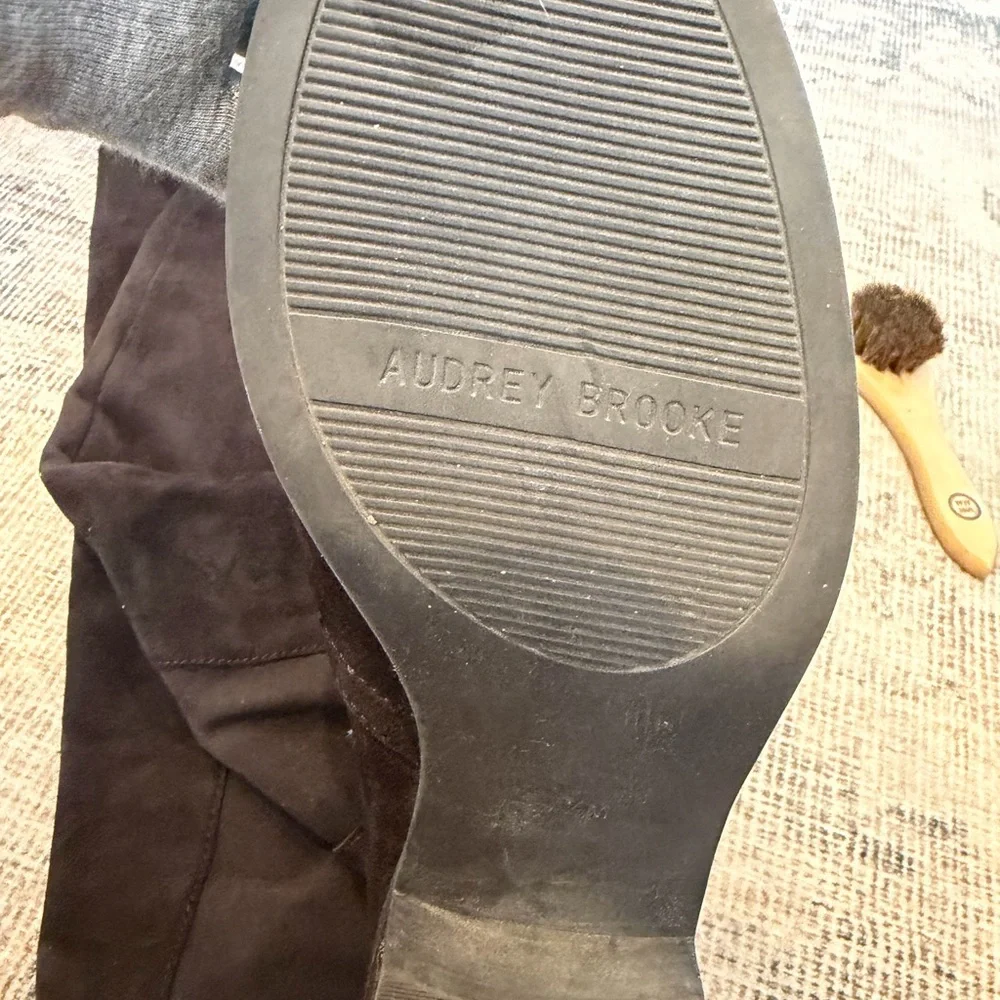 AUDREY BROOKE TAMELA OTK BOOTS 7.5 DARK BROWN SUEDE AND STRETCH 50/50 ($179)